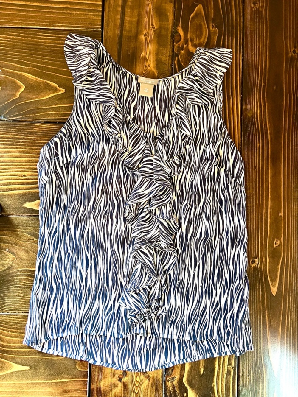 100% Silk Lightweight Navy and White Ruffle Sleeveless Top